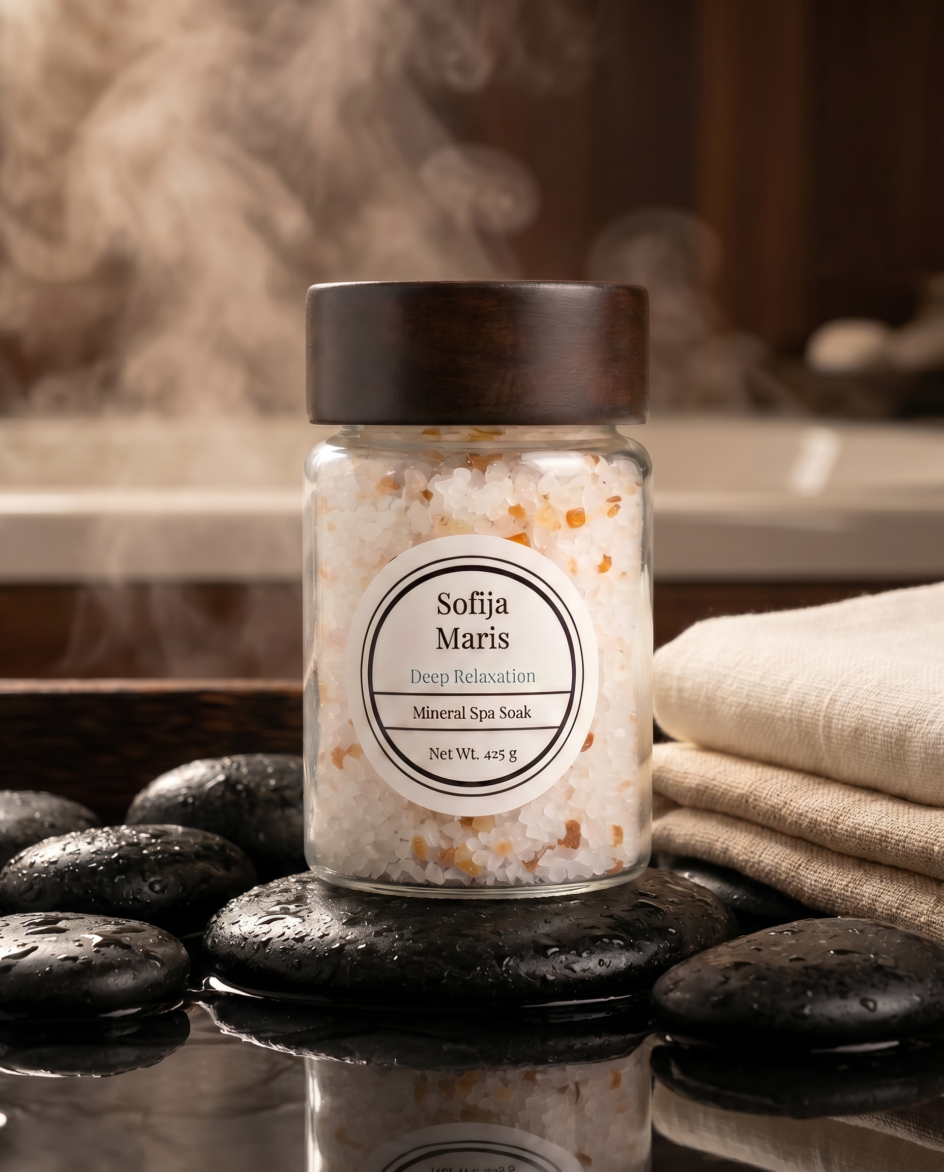Sofija Maris Mineral Spa Soak, Dead Sea salt bath soak, Himalayan pink salt bath, aromatherapy bath salts, luxury mineral soak, relaxing bath salts.