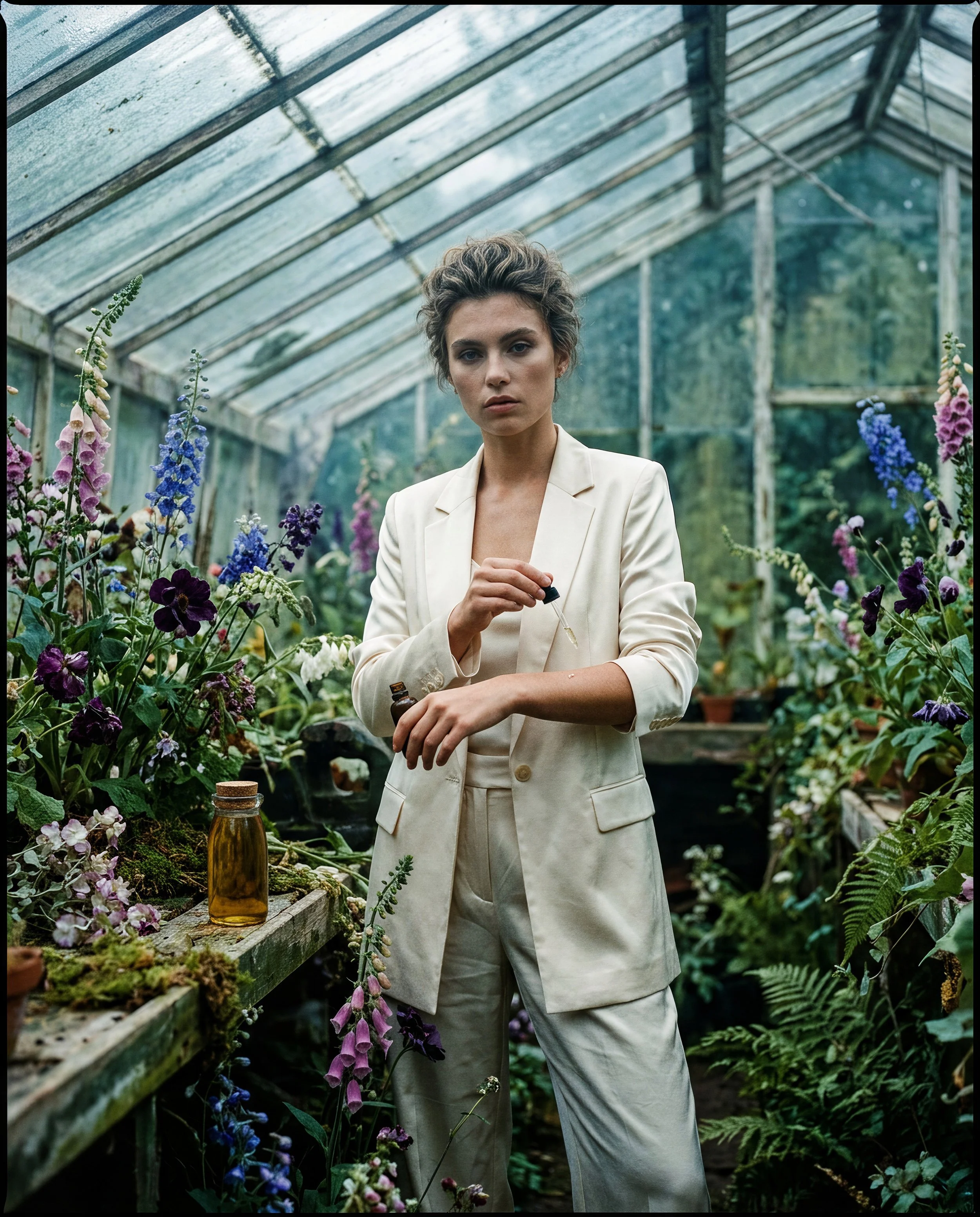 A woman in a white suit stands in a greenhouse filled with colorful flowers, holding a small bottle.