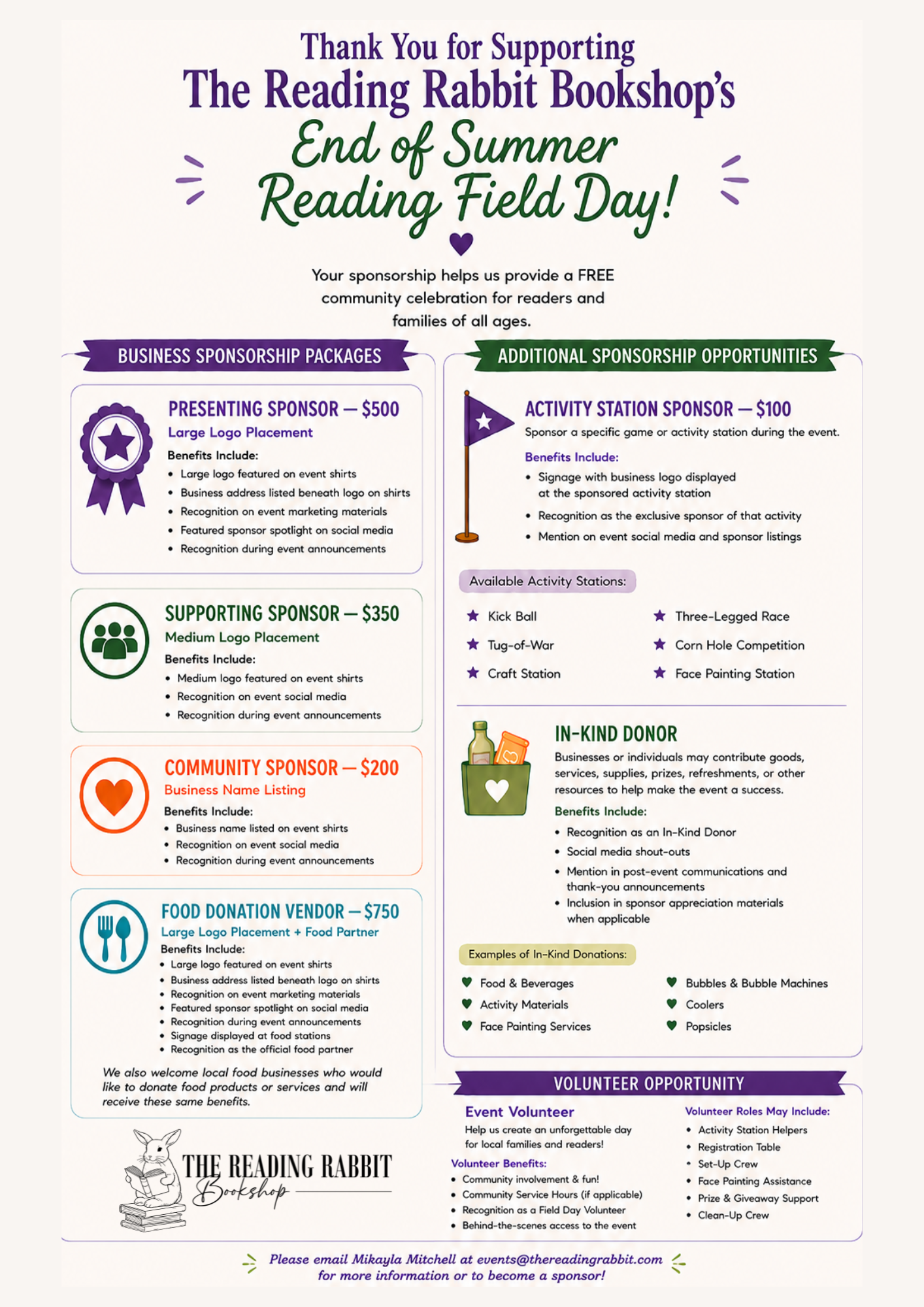 A colorful infographic thanking supporters of The Reading Rabbit Bookshop's End of Summer Reading Field Day, with details on sponsorship packages, sponsorship opportunities, in-kind donations, food vendor, and volunteer opportunities.