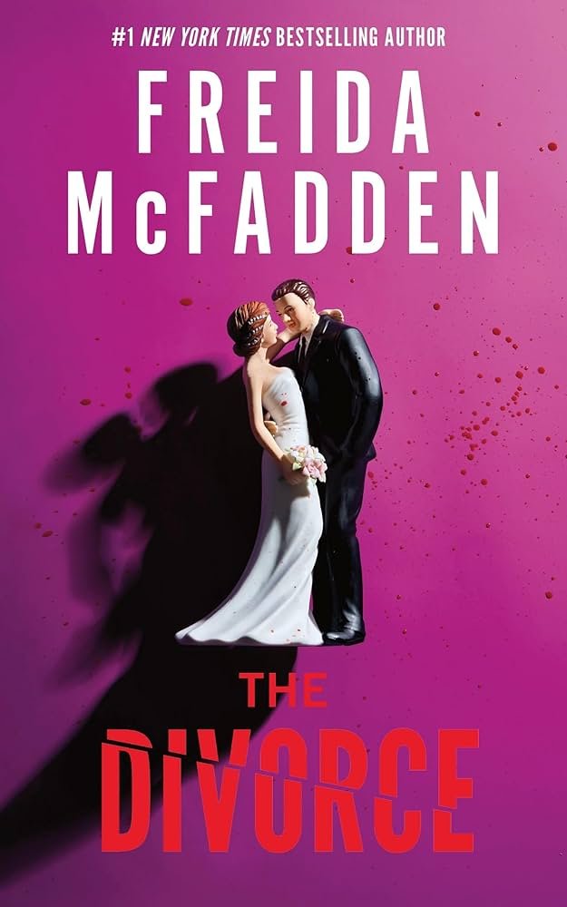 Book cover for 'The Divorce' by Freida McFadden featuring a Barbie-style bride and groom cake topper on a purple background with red paint splatters.