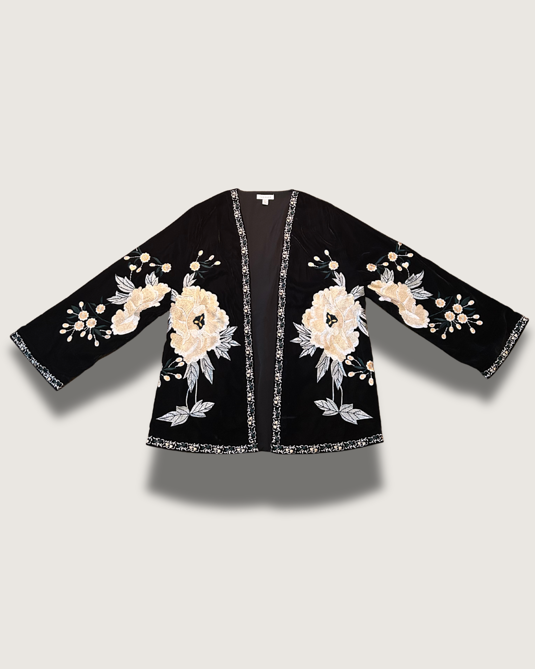 Vintage-Inspired Top Shop - Velour and Embroidered Kimono