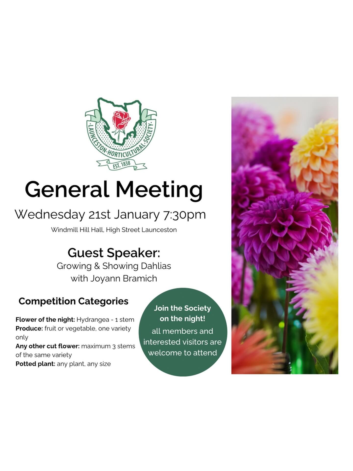 Hello 2026! 
We are kicking off this year with a popular informative topic at our General Meeting on the 21st January.
Joyann Bramich from Mount Myrtle Dahlias will be sharing with us her tips on growing and showing these magnificent blooms.
If you h