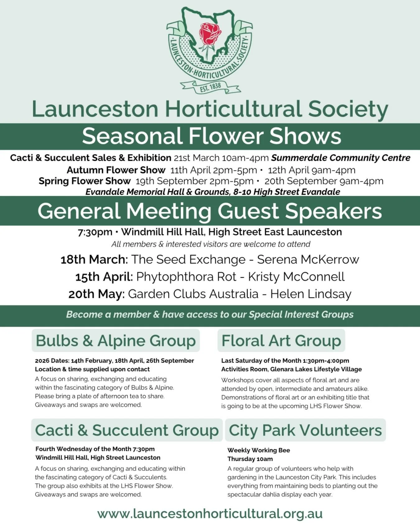 Take a look at what is coming up for the Launceston Horticultural Society!
🌵 Cacti &amp; Succulent Sales &amp; Exhibition event is this coming Saturday 21st March, 10am-4pm at Summerdale Community Centre.
🗣️ Our Annual General Meeting is on this We