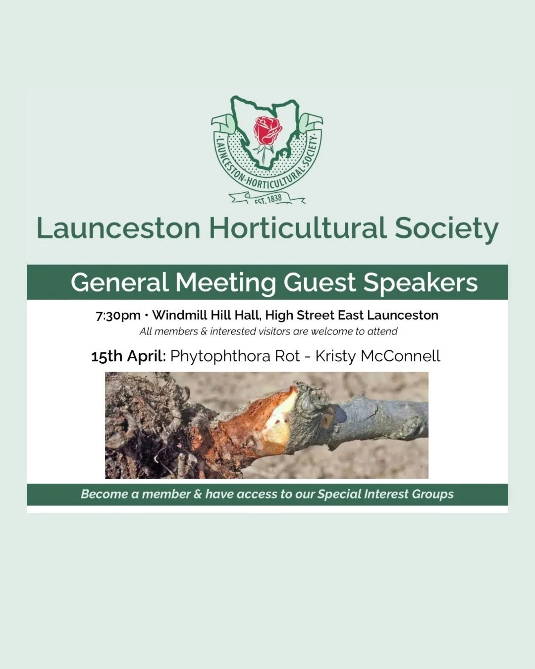 🌳 GENERAL MEETING: Wednesday 15th April 7:30pm.

Guest Speaker is local Horticulturalist, Kristy McConnell.
Kristy will be giving us insight into the invasive Phytophthora Rot which can devastatingly impact plants and trees, including fruit and nati