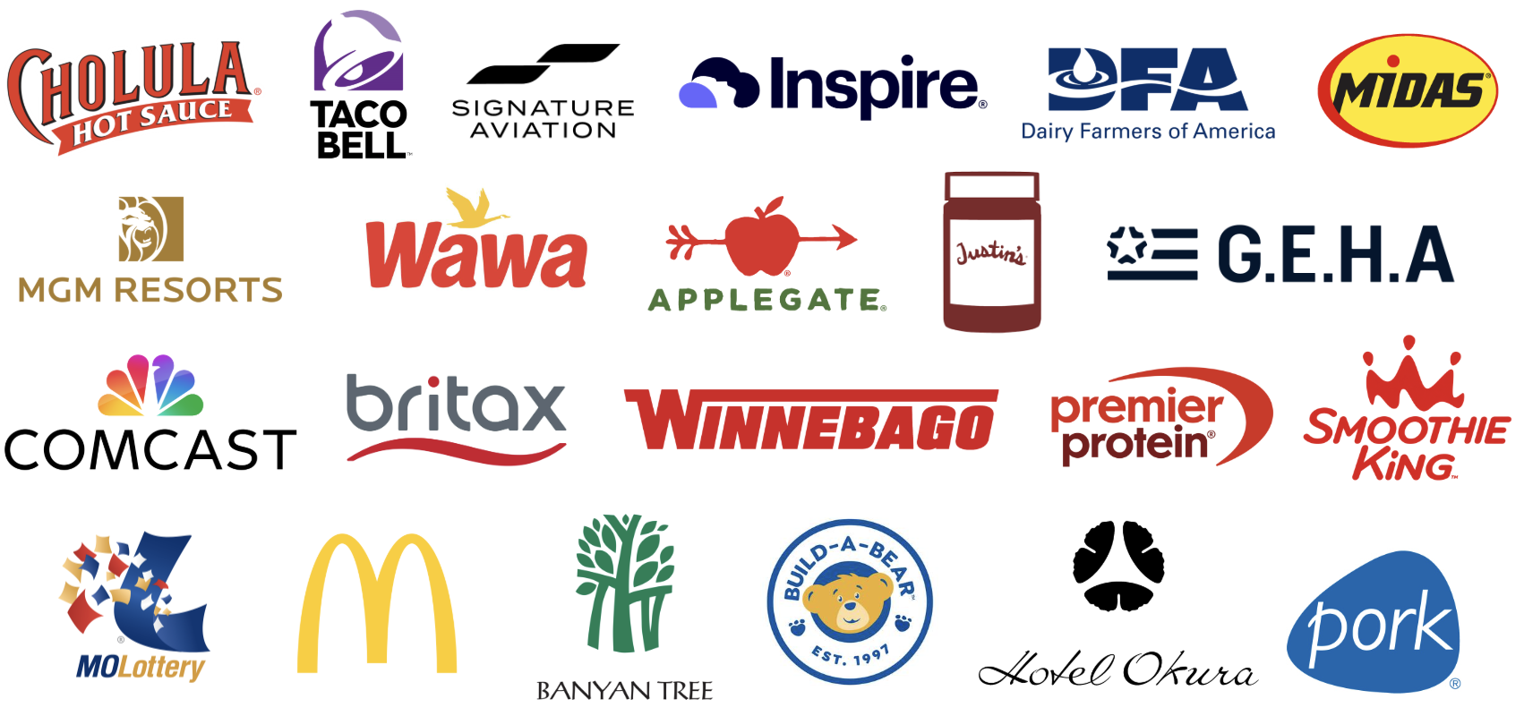Collection of various brand logos including Holula Hot Sauce, Taco Bell, Signature Aviation, Inspire, Dairy Farmers of America, Midas, MGM Resorts, Wawa, Applegate, Justin's, G.E.H.A, Comcast, Britax, Winnebago, Premier Protein, Smoothie King, MO Lottery, McDonald's, Banyan Tree, Build-A-Bear, Hotel Okura, and pork.