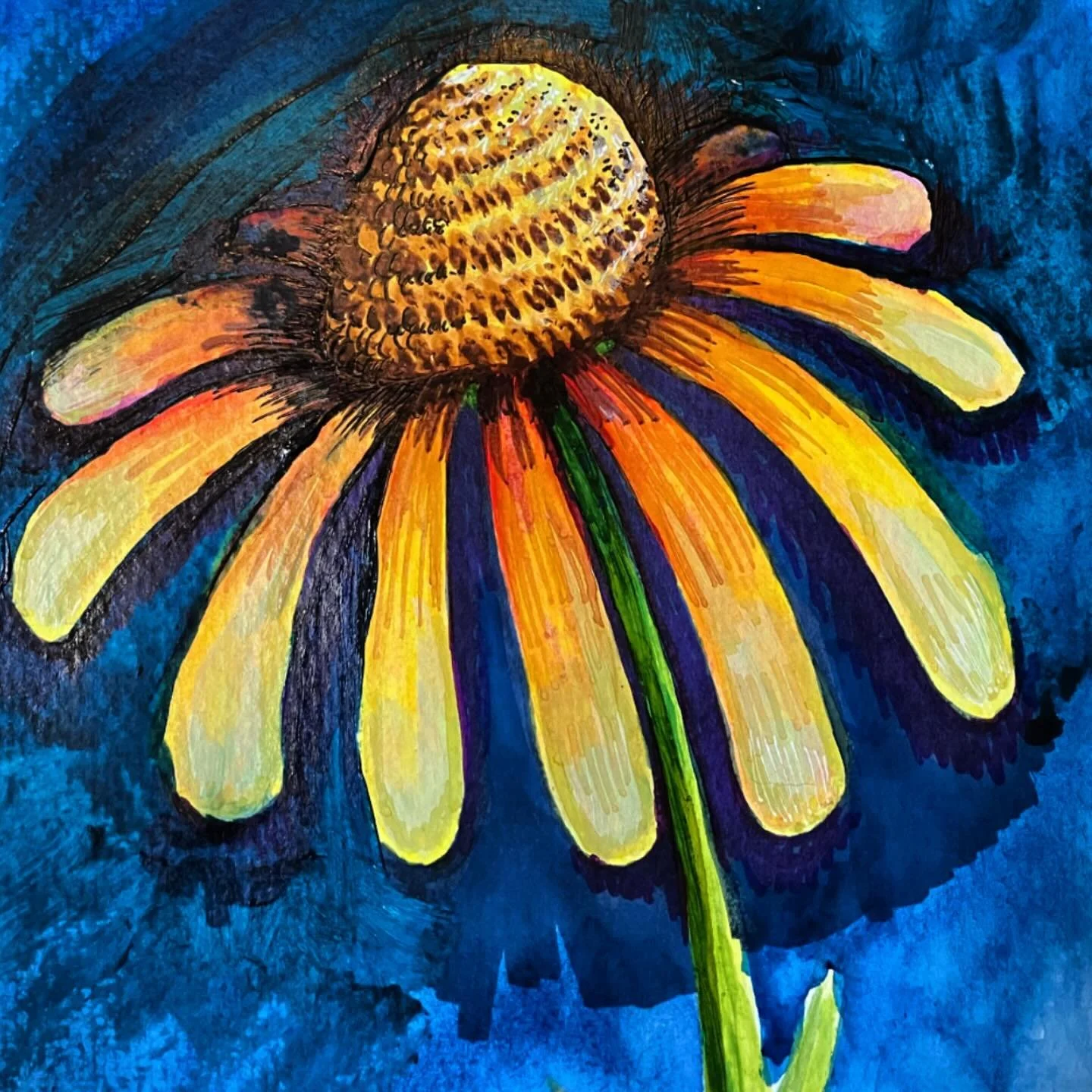 Coneflower.
Acrylic, alcohol markers, watercolor and black ballpoint pen.

#traditionalart #coneflower #flowerpaintingacrylic #mixedmediapainting