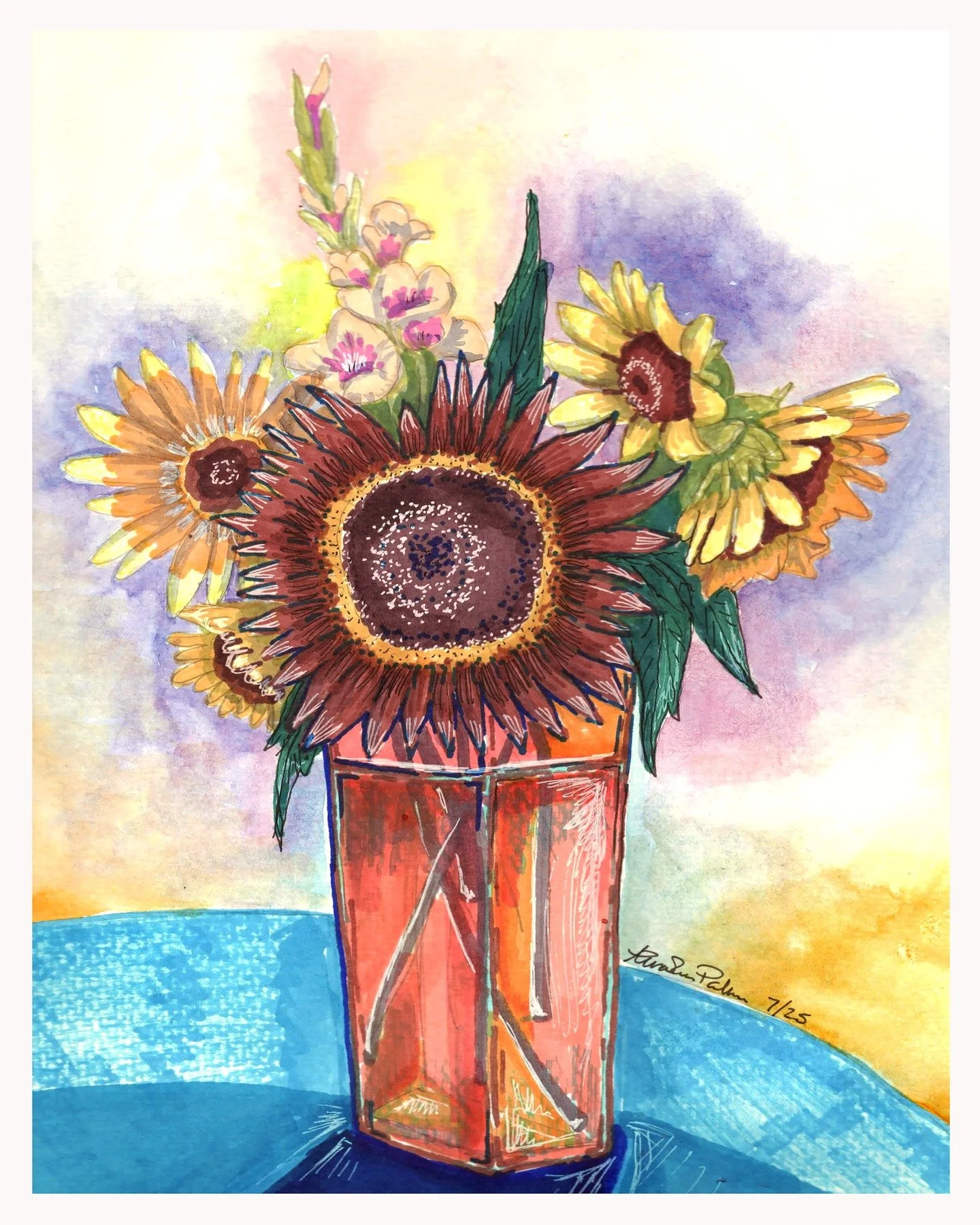 &quot;Sunlit Sunflowers&quot;
11x14&quot; - Watercolor, mircon pen &amp; alcohol markers.

#WatercolorArt #PenAndInk #MixedMediaArt #TraditionalArt #InkAndWatercolor #SketchbookArt #IllustrationArt #SunflowerArt #BotanicalArt #FlowerIllustration #Flo