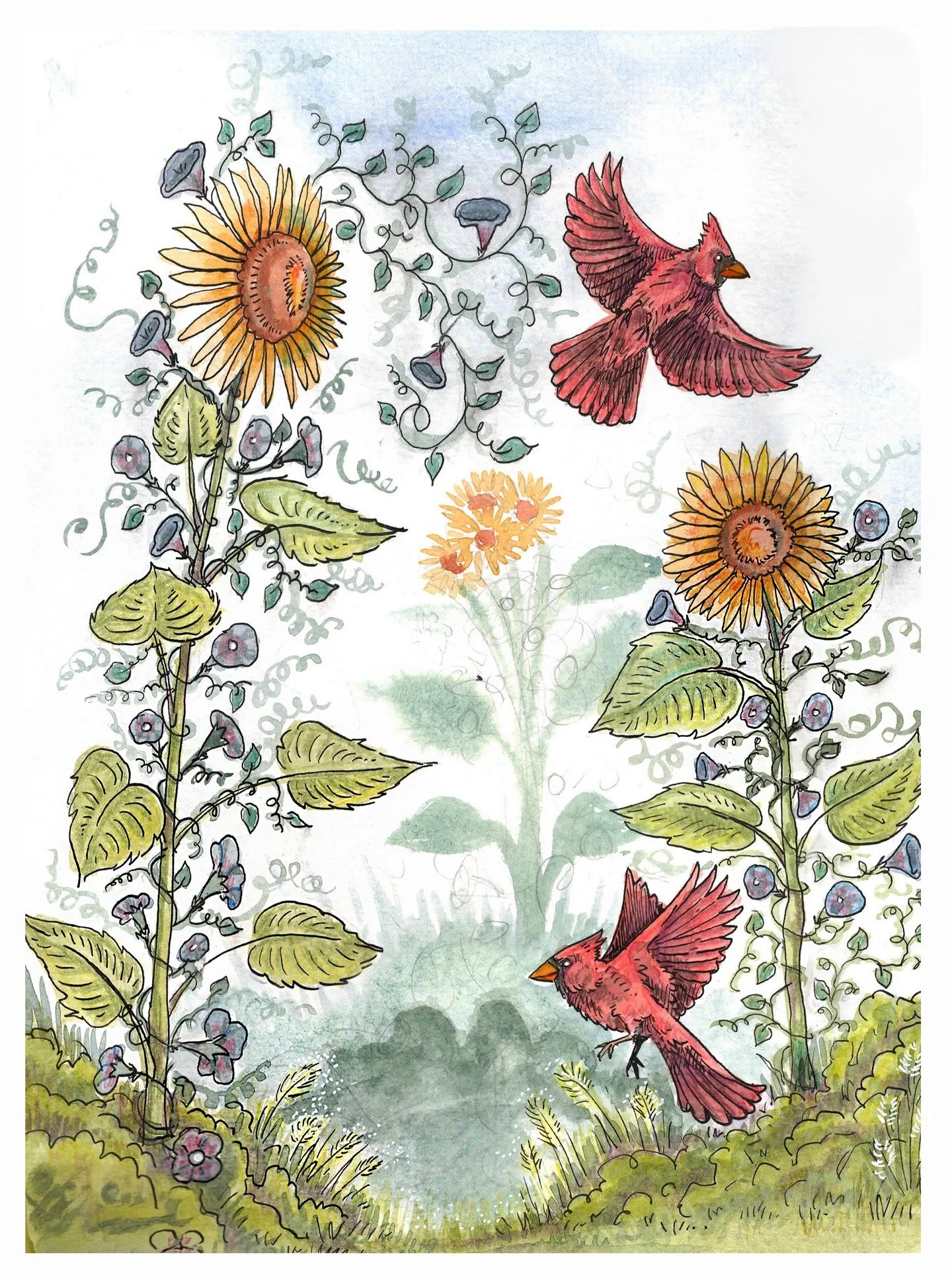 Cardinals &amp; Sunflowers.
11x14&quot; - Watercolor and micron pen.

#cardinals #cardinalillustration #cardinalwatercolor #sunflowerillustration #sunflowerwatercolor #illustration #illustrator #painting #watercolorandpen
