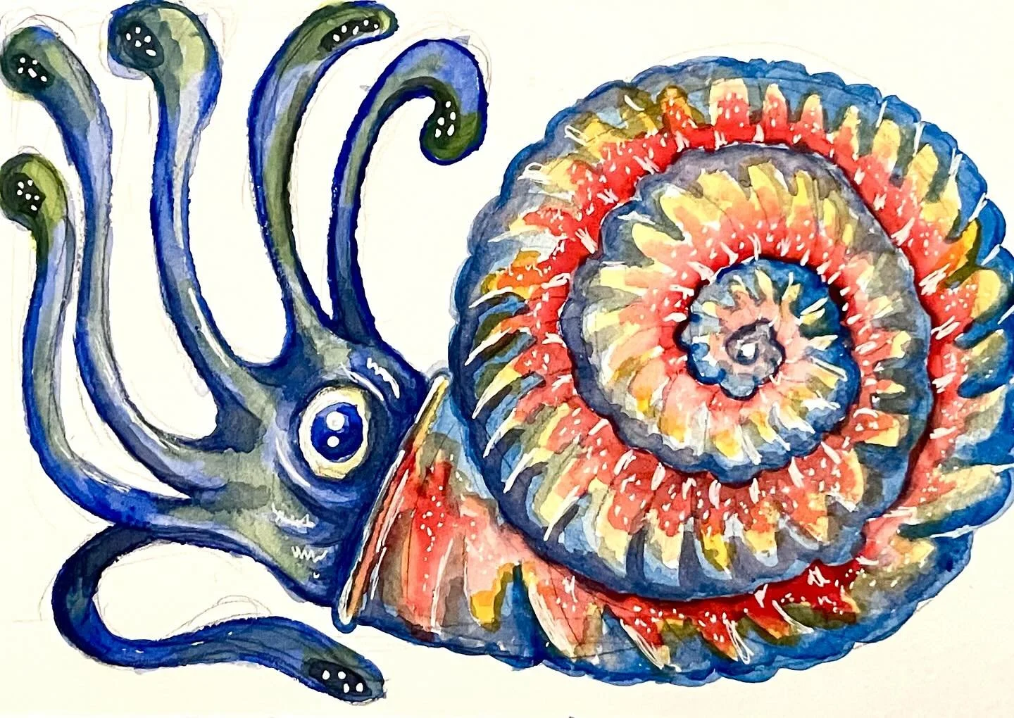 Love these guys. They&rsquo;re so colorful, fun and strange looking. 

5&rdquo;x7&rdquo; watercolors on 140lb cotton watercolor paper.

#nauticalnonsense #watercolorillustration #ammonite #seacreature #seacreatureillustration #nautilus #nautilusillus