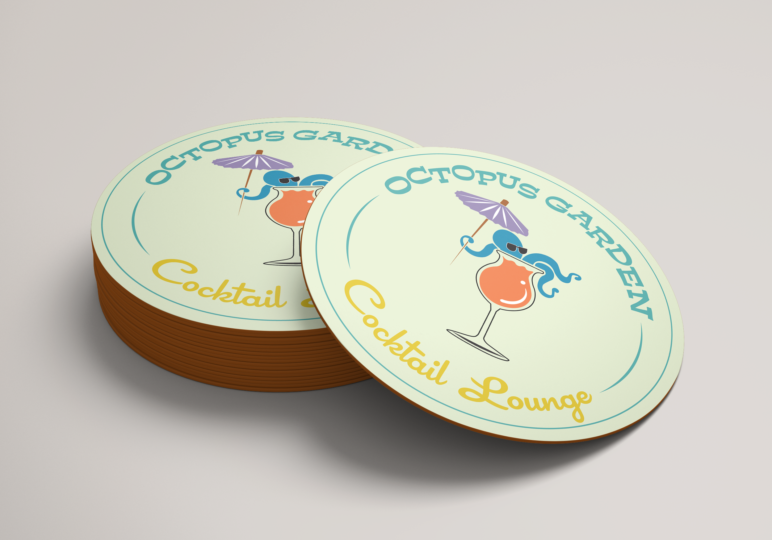 To showcase the brand identity, I applied it to various print and digital mockups, including:
Coasters: Designed with bold colors and sea-inspired illustrations.