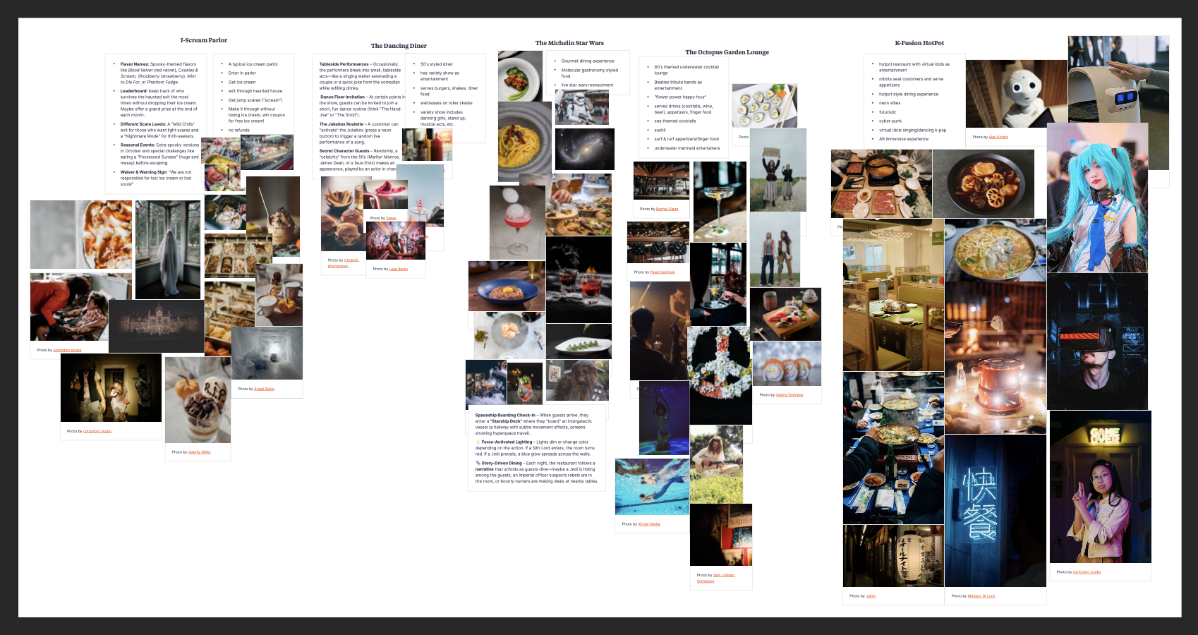 I began by researching the food and entertainment industries, generating five unique business concepts. After receiving feedback, I selected Octopus Garden Cocktail Lounge as my top choice. I developed a business model outlining the lounge’s concept,