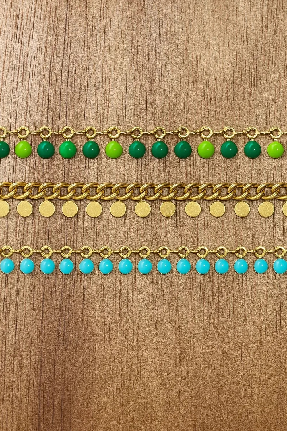 Enamel Curb Disc Chain. Gold Green Blue.jpg