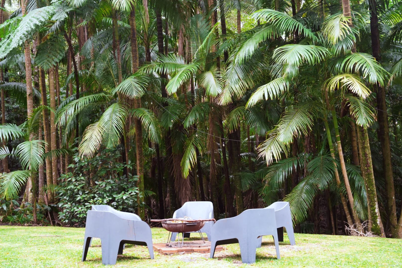 An outdoor seating area with four white plastic chairs surrounding a small fire pit on a grass lawn, with dense tropical trees and palm leaves in the background.