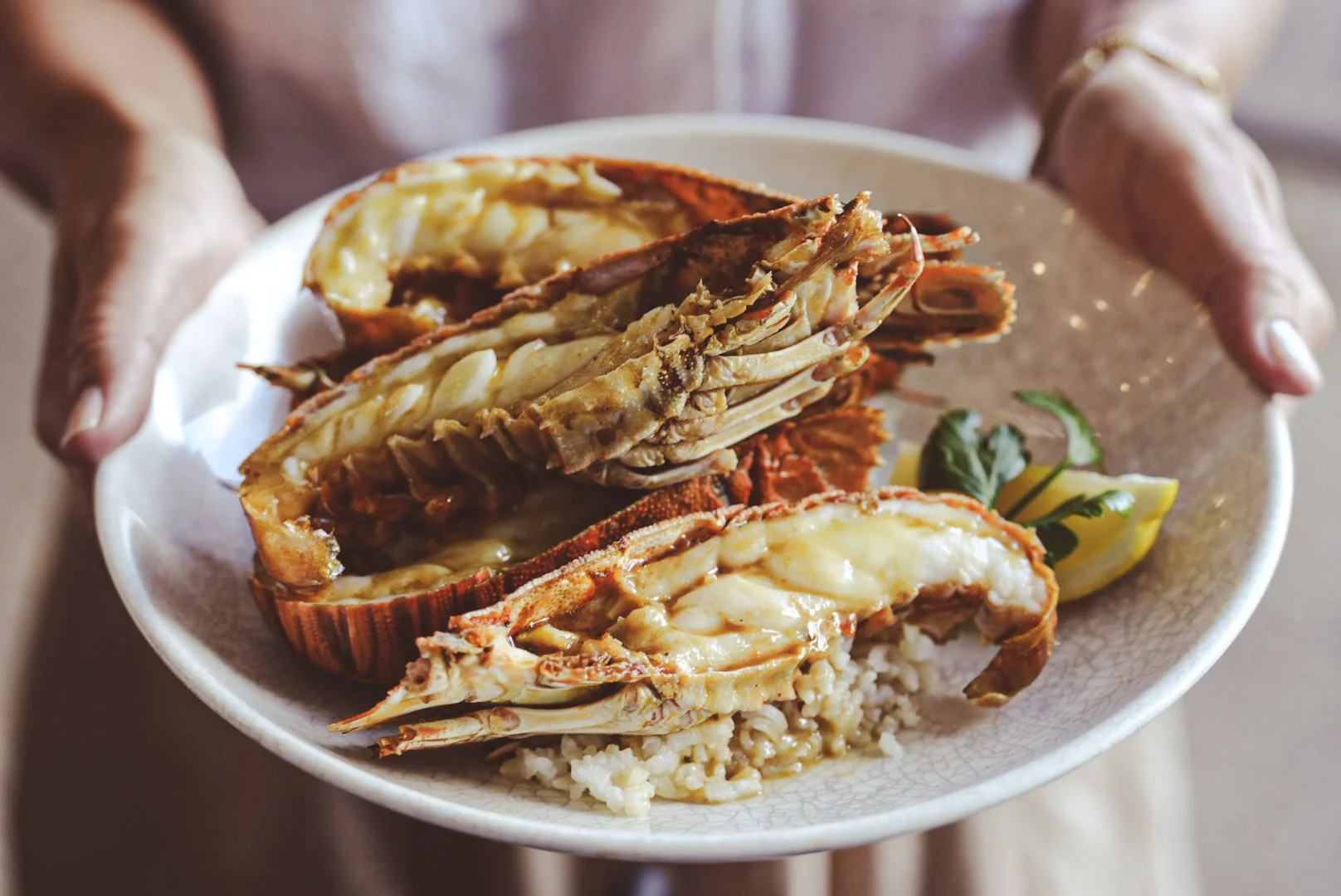 A white plate with cooked lobster halves served with rice, lemon wedges, and herbs.