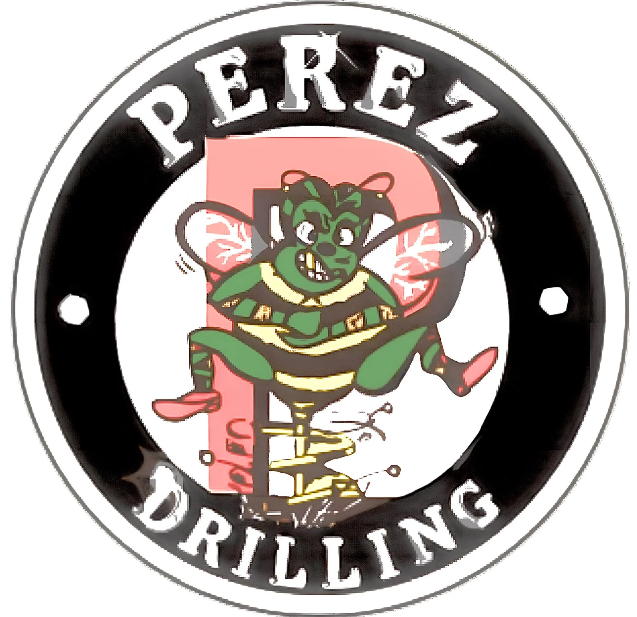 a green bee drilling with a red P and a drilling auger in his hands