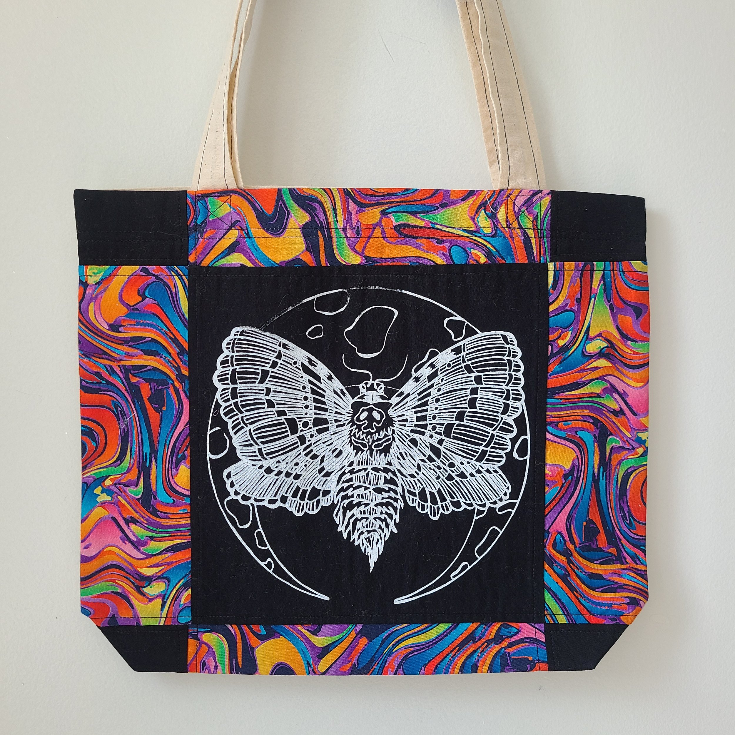 Rainbow Melt Moth quilt block tote bag