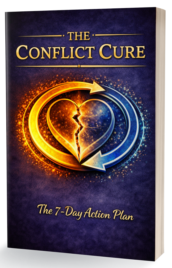 Cover of a book titled "The Conflict Cure: The 7-Day Action Plan" with a dark purple background, featuring a heart-shaped design made of two opposing arrows, one in orange and the other in blue, with sparks and lightning effects around it.