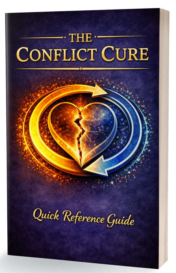 Book titled 'The Conflict Cure: Quick Reference Guide' with cover art depicting a broken heart and arrows in yellow and blue against a dark purple background.