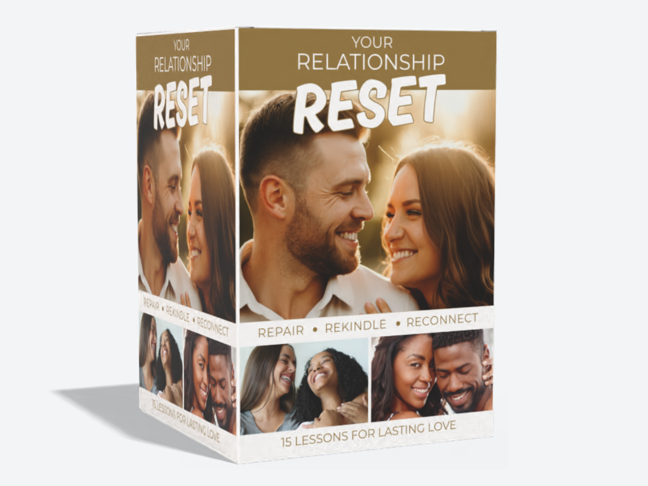 A woman with curly red hair wearing a blue long-sleeve shirt is smiling with her eyes closed and fists raised in triumph against a pink background.