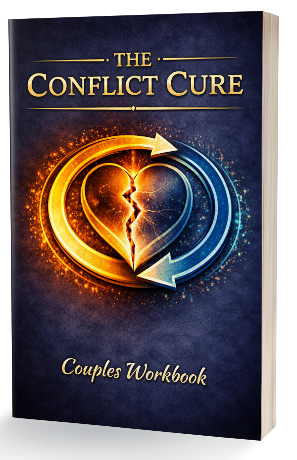 Cover of a workbook titled "The Conflict Cure: Couples Workbook" featuring a graphic of a broken heart with two arrows in opposite directions, one yellow and one blue, set against a dark background with glowing sparkles.