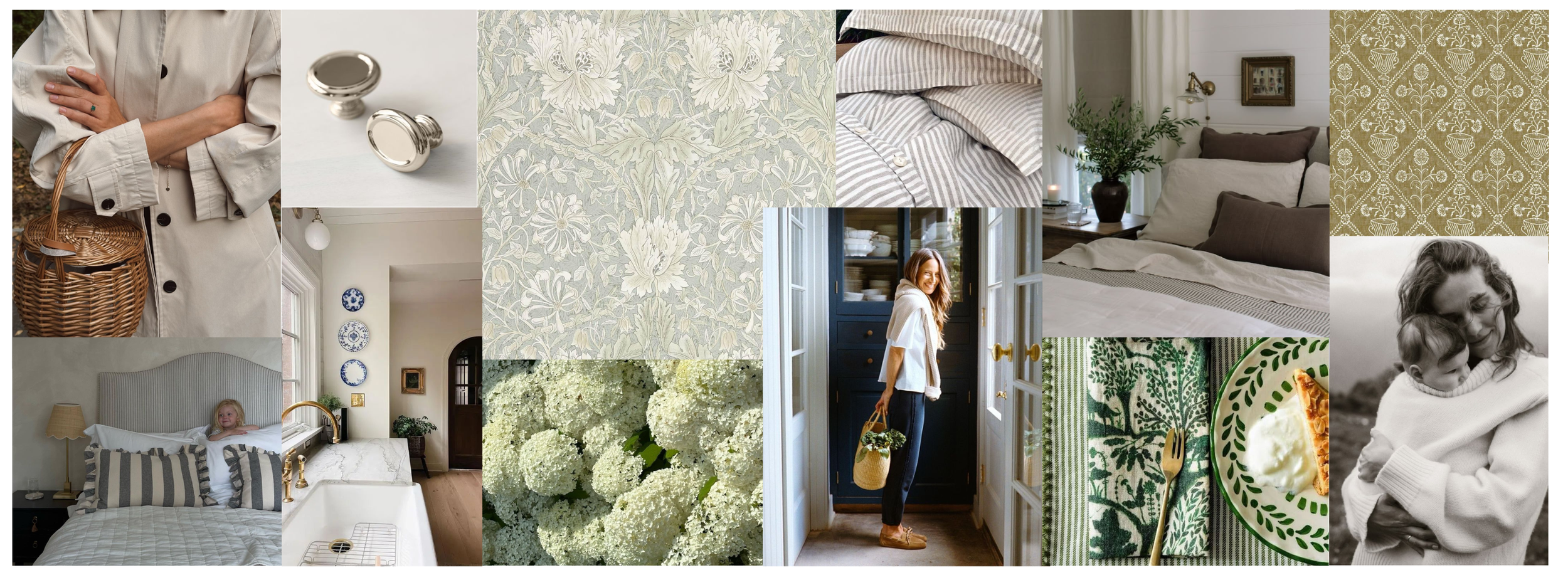 Collage of images depicting home textiles and decor, including patterned wallpaper, bedding, curtains, and tableware, along with a woman smiling at the door, a mother hugging a child, and white hydrangea flowers.