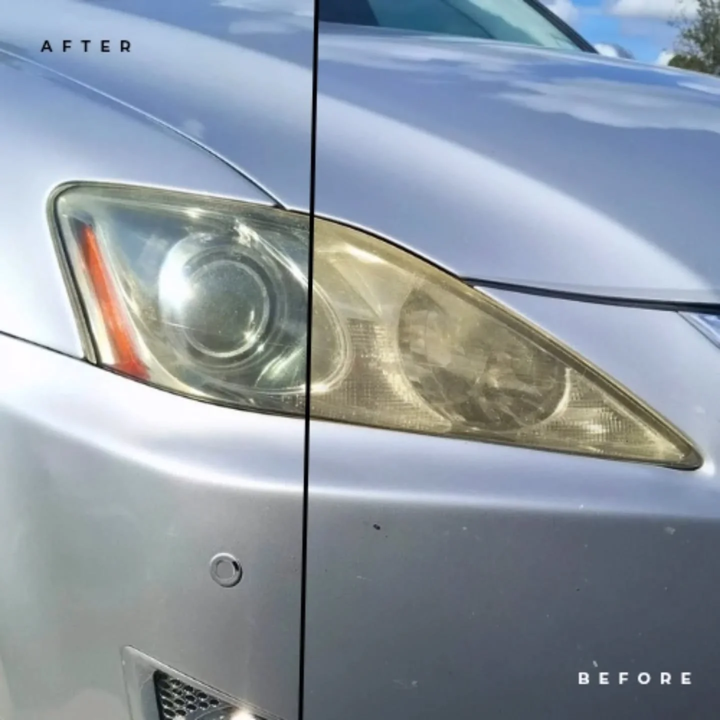 A recent headlight polish ✨️ With the foggy morning starting to roll in, it is important for your safety and others to have clear headlights. This service is included in our Elite Service.