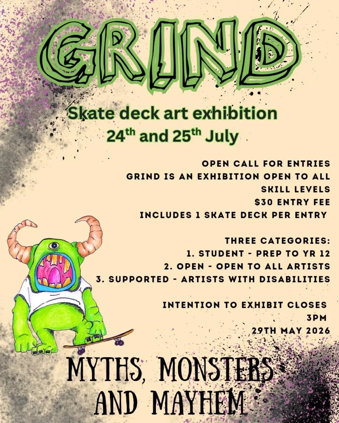 Ok, so it's time for the 3rd annual GRIND skate deck art extravaganza!! 
ALL CONTESTANTS WELCOME.
ALL AGES,
ALL ARTISTIC STYLES,
ALL FUN!!

This years theme is MYTHS, MONSTERS AND MAYHEM.

So chanel your inner VILLAIN and create a deck showcasing you
