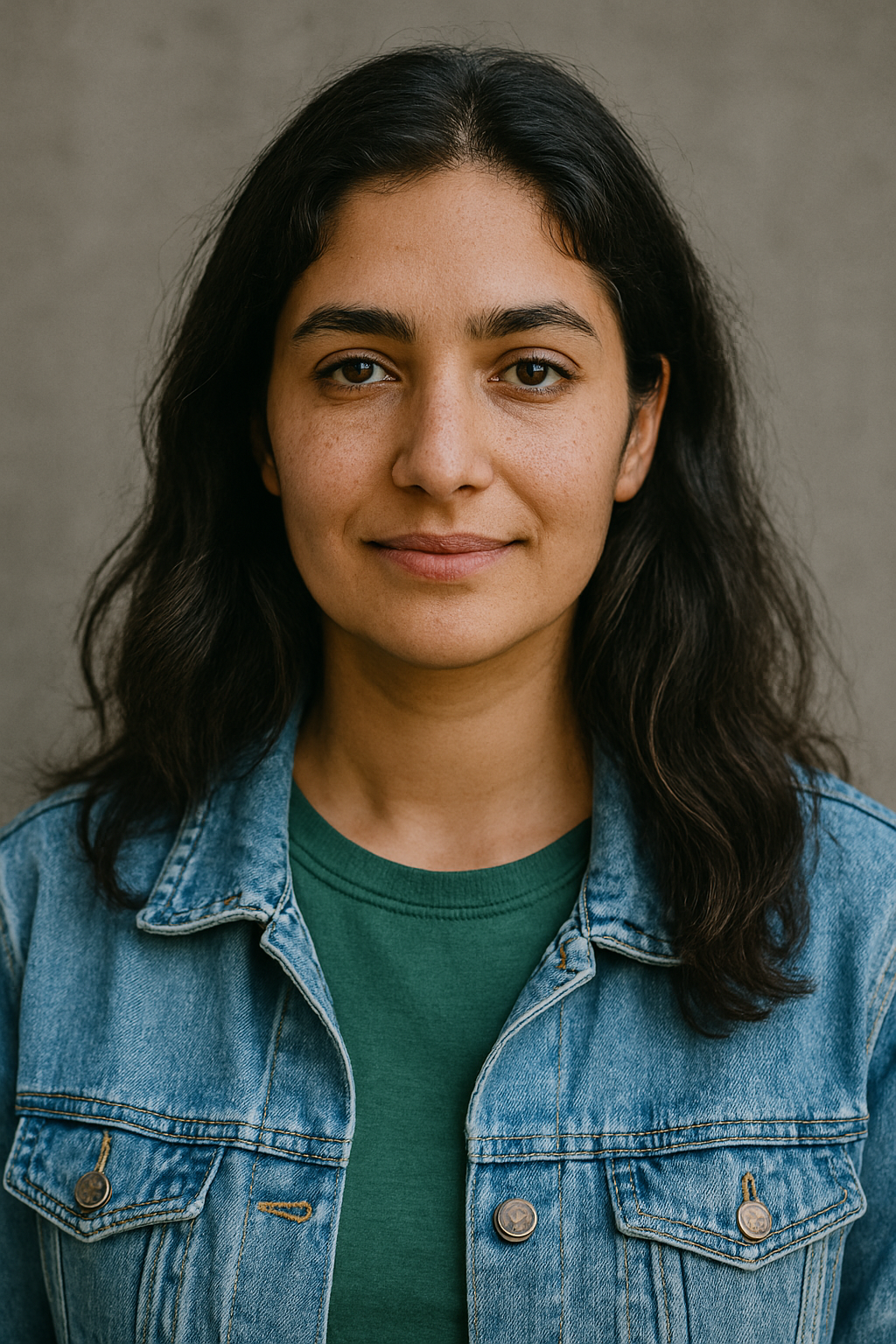 Person wearing a denim jacket and green shirt, looking at the camera