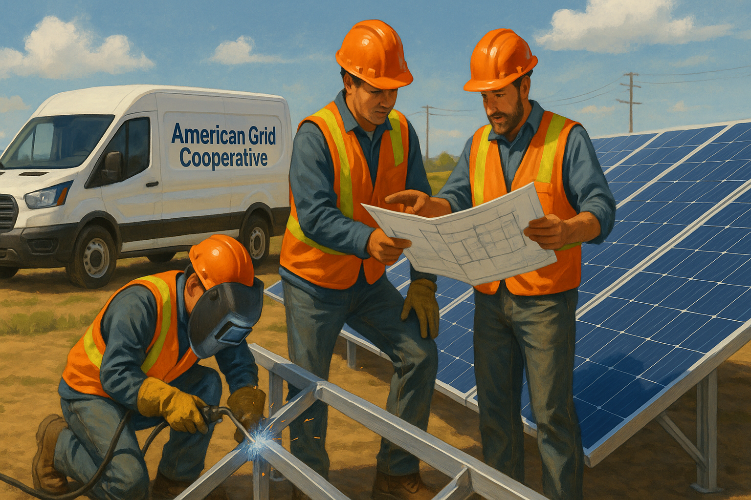 Three workers wearing safety vests and helmets working on solar panel installation, with a van labeled 'American Grid Cooperative' in the background, under a partly cloudy sky.
