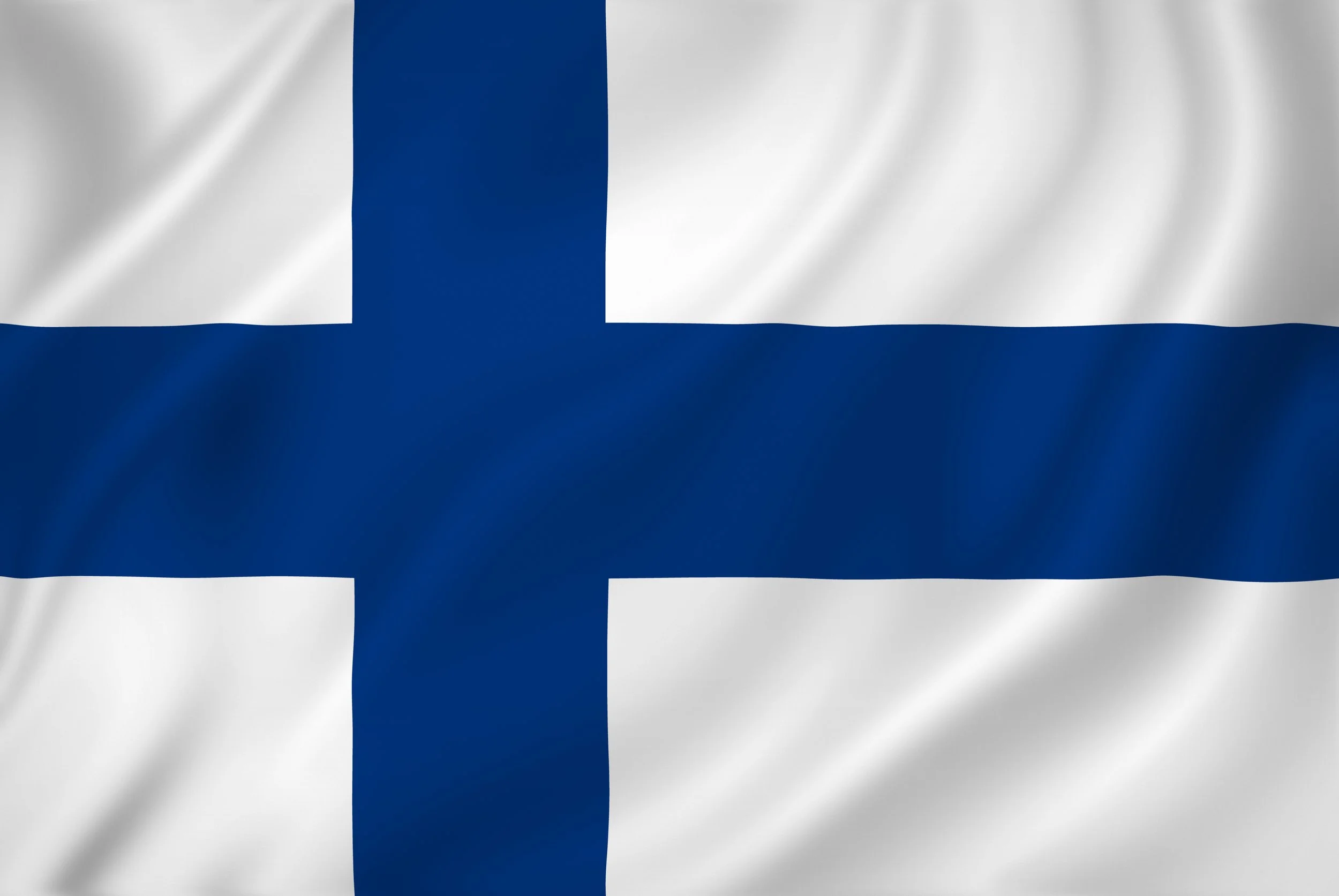 Flag of Finland with a blue Nordic cross on a white background.