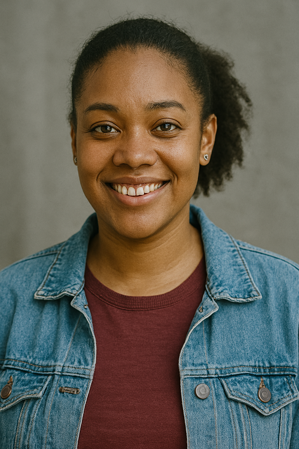 Smiling person wearing a denim jacket and burgundy shirt against a gray background.