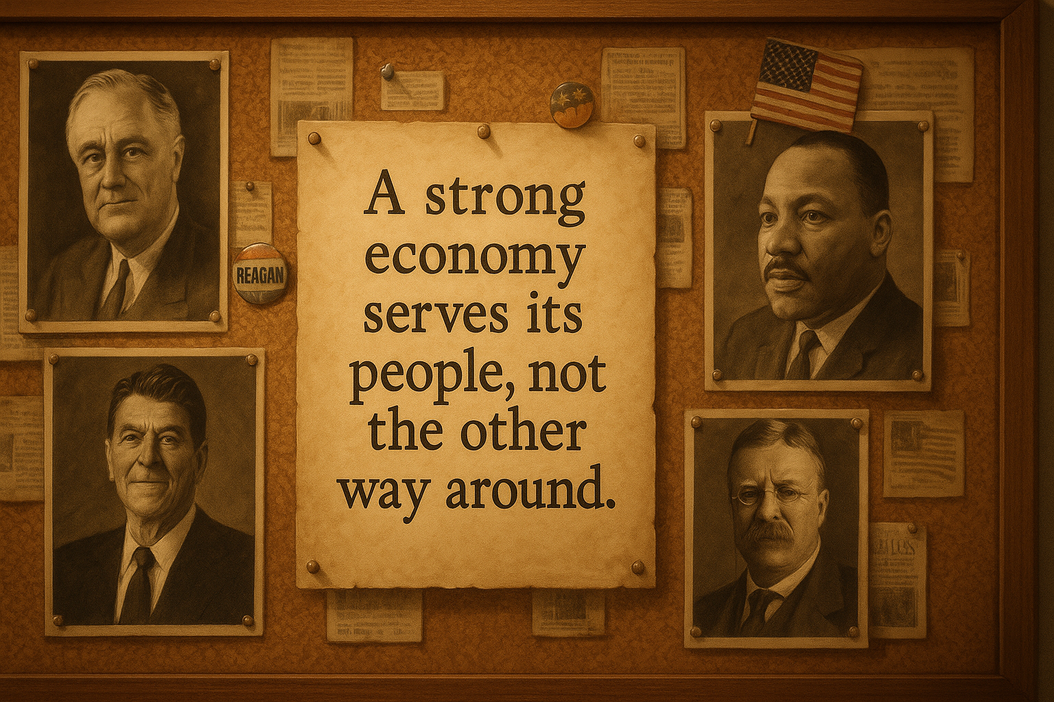 A bulletin board with portraits of Ronald Reagan, Martin Luther King Jr., John F. Kennedy, and William E. Burch. In the center, a quote states: 'A strong economy serves its people, not the other way around.'