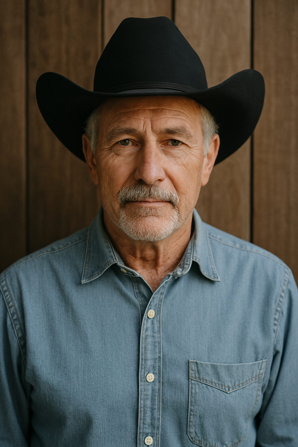 Older man in a black cowboy hat and denim shirt against a wooden background.