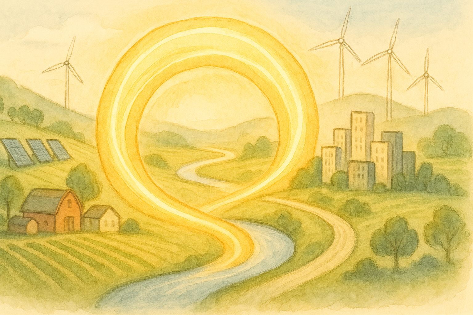 A watercolor painting depicts a sustainable, eco-friendly landscape with mountains, a river, wind turbines, solar panels, a small house, and a city skyline bathed in sunlight, emphasizing renewable energy and conservation.