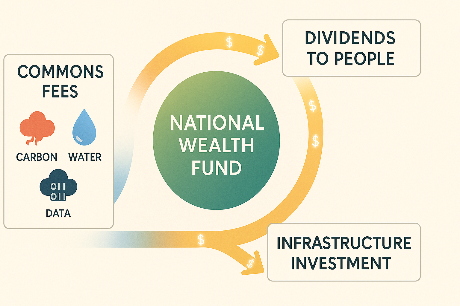 Diagram showing the flow of funds in national wealth. Common fees for carbon, water, and data contribute to the national wealth fund, which then distributes dividends to people and allocates funds for infrastructure investment.