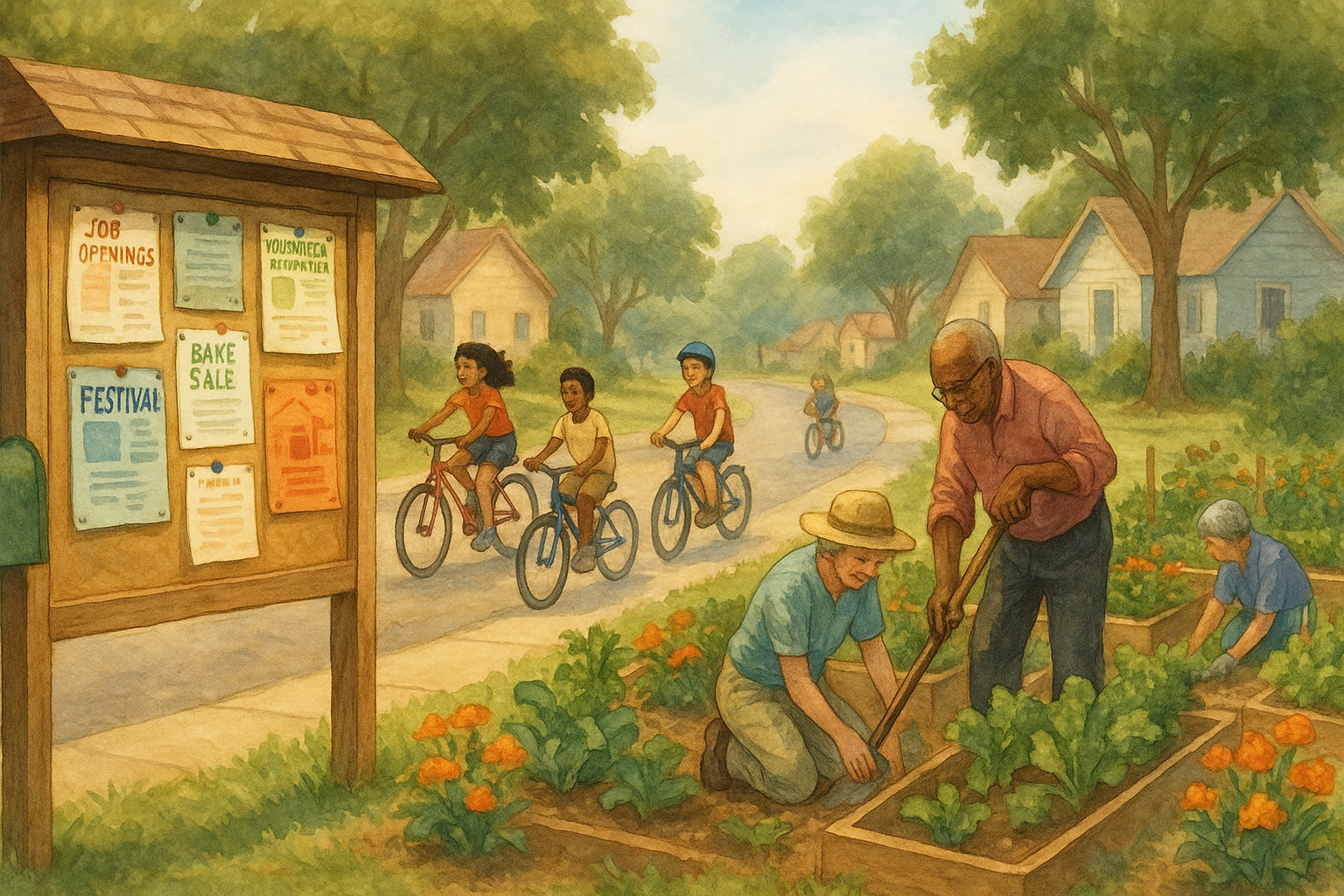 A community garden with elderly man and woman gardening, children riding bicycles on a sunny street, and a bulletin board with event posters in a suburban neighborhood.