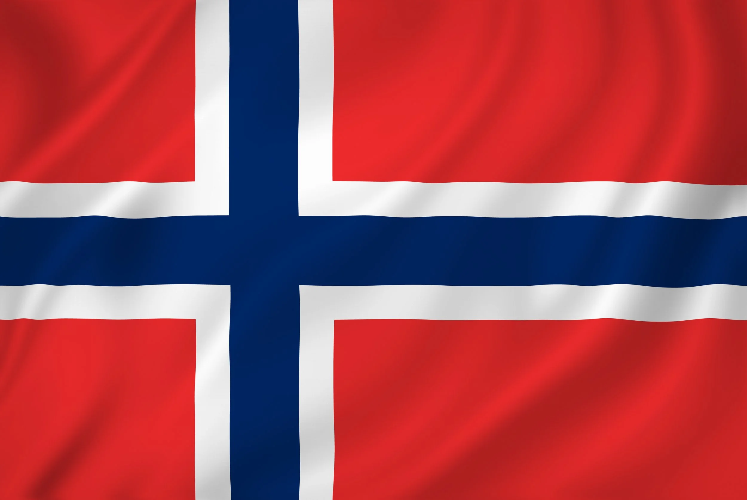 Norwegian flag with red background, blue Nordic cross outlined in white.
