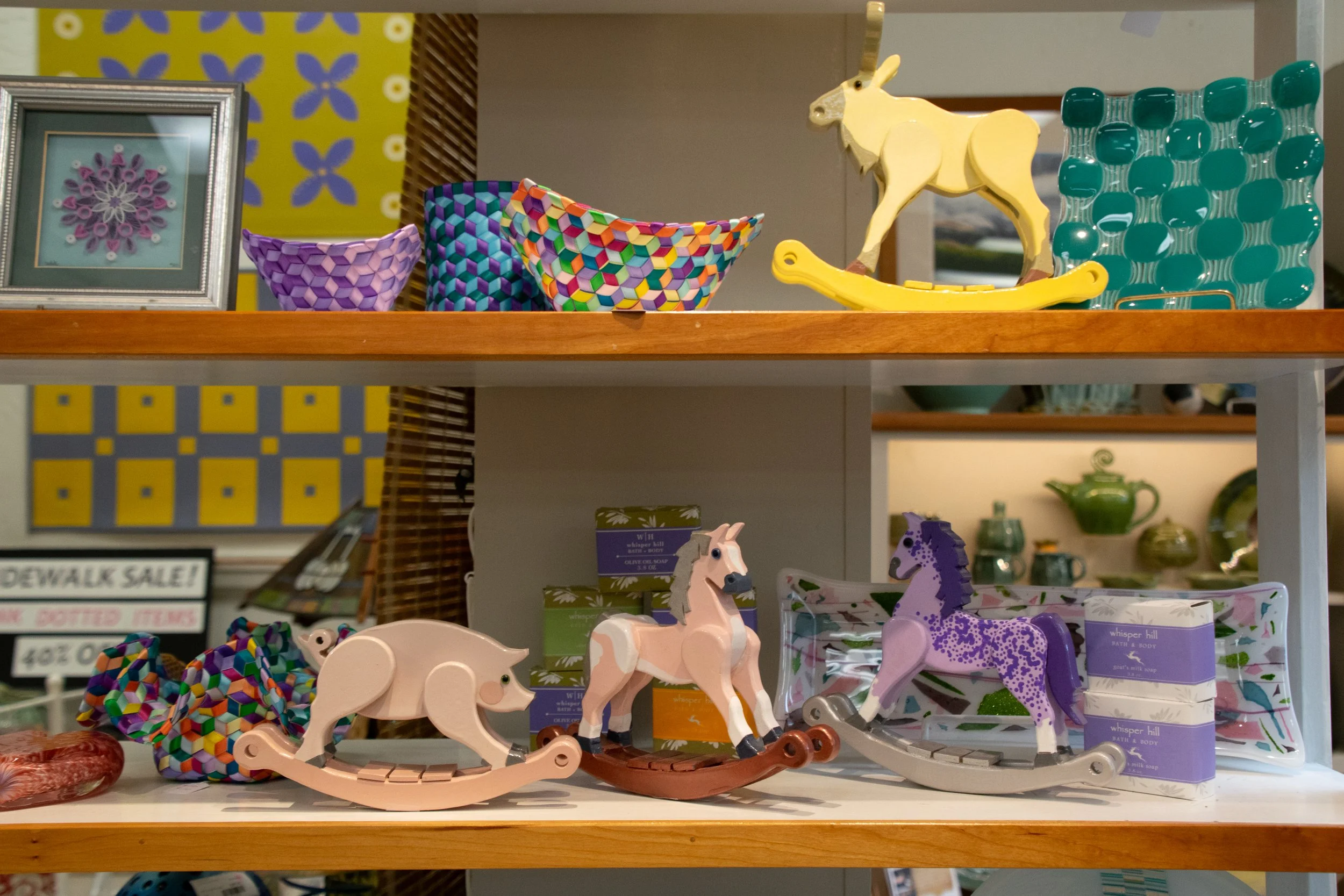 Handmade mini rocking animals by woodworker Joseph Hochrein are displayed at Exeter Fine Crafts July 21, 2026. Grace Chai/Seacoastonline
