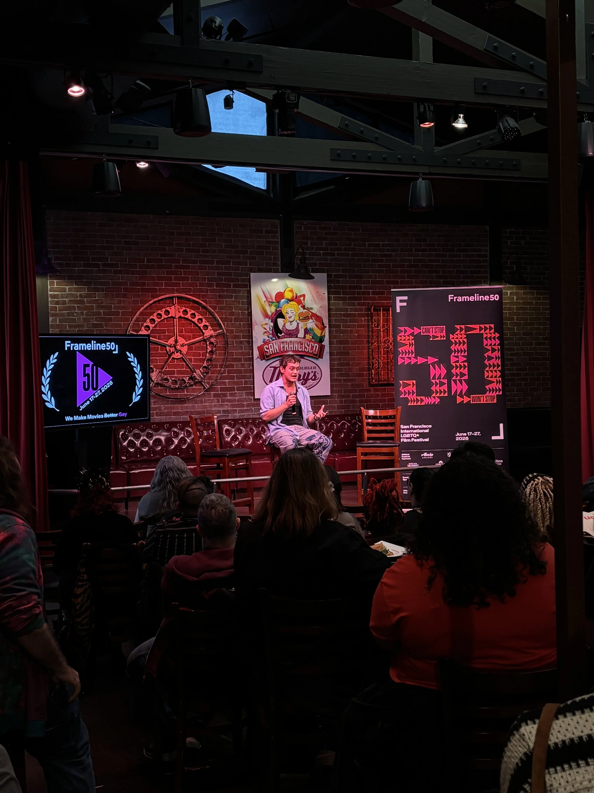 Lowell Bagley speaking at Frameline50's inaugural Queer Programmer Summit. 