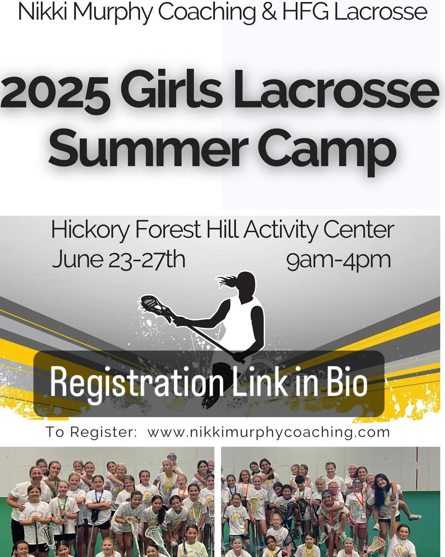 Summer Camp Season is among us! 

Sign up before May 1st to get a discount for the week!

Date: June 23-27
Time: 9-4pm
Cost: $330 (discounted price $300 until May 1st)
Location: Forest Hill Hickory Activity Center (indoor)
Focusing on: Girls Lacrosse