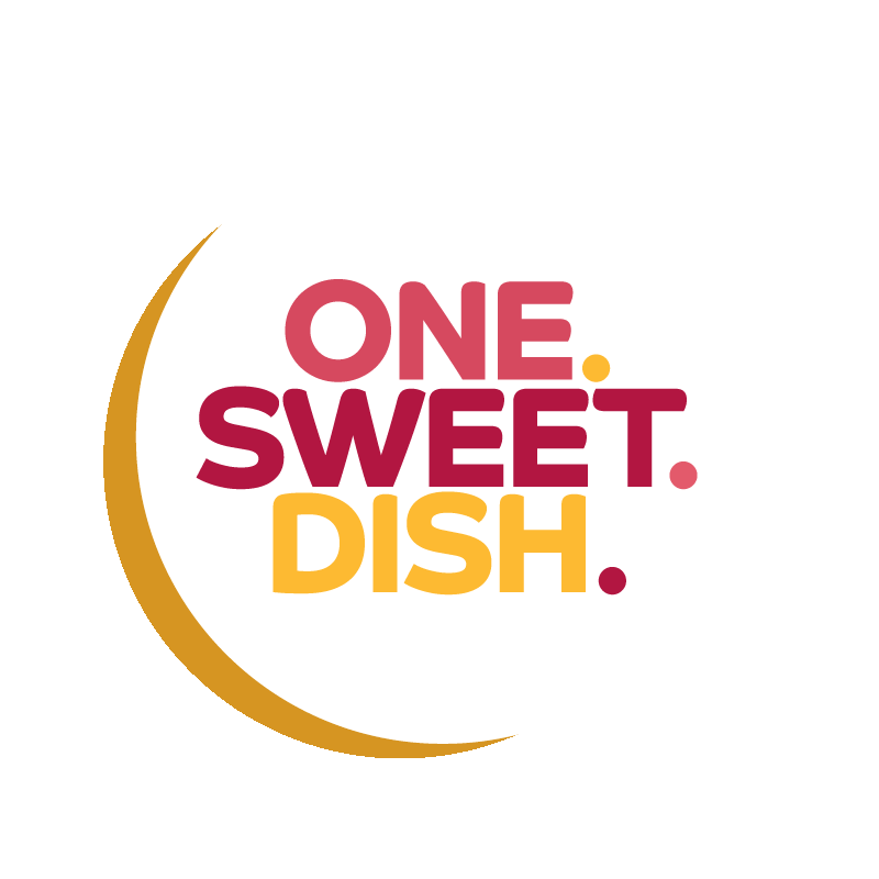 Logo with a white circular background, gold outline, and colorful text that reads 'ONE. SWEET. DISH.'