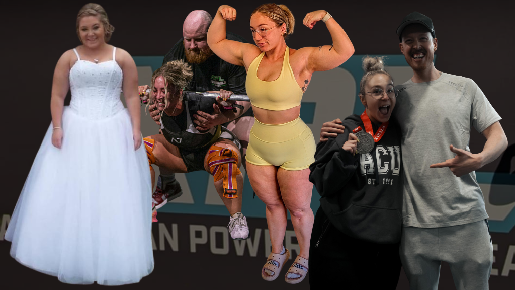 Progress photo of Tamara Emily Salmon Hughes. A school teacher who commited herself to weight loss training for her wedding but fell in love with strength training and went on to compete at a national level in 2 federations. GPC & APL.