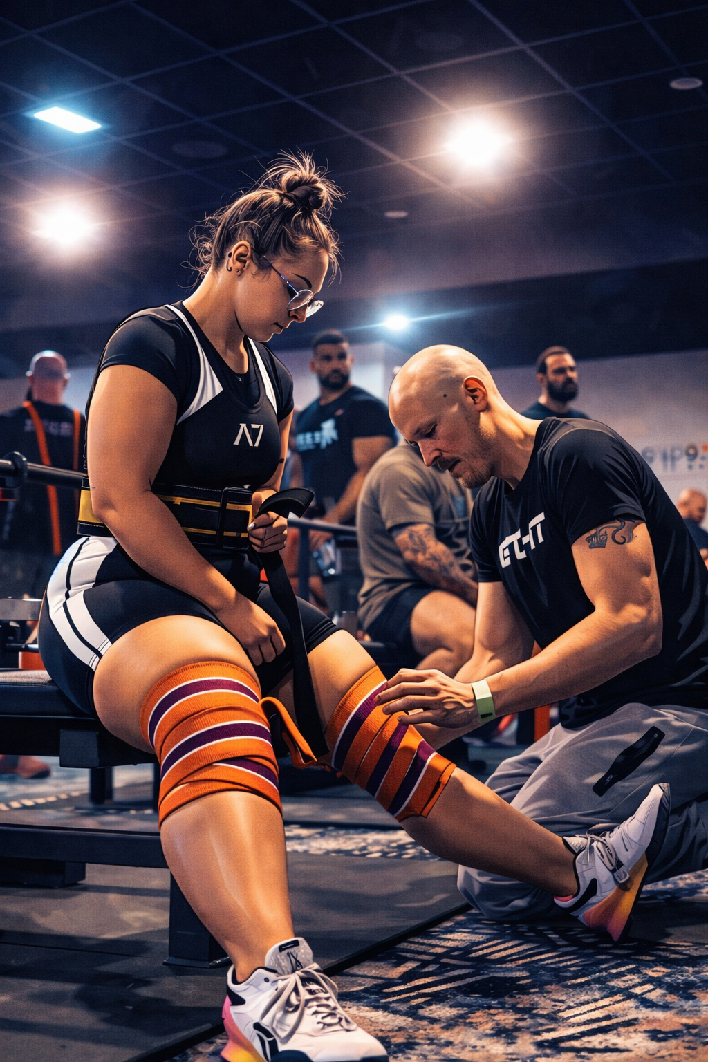 a photo of Coach Brendan puting knee wraps on Tamara at Brisbane GPC Nationals Powerlifting meet. Professional Photo taken by Josh, Melbourne Photography.