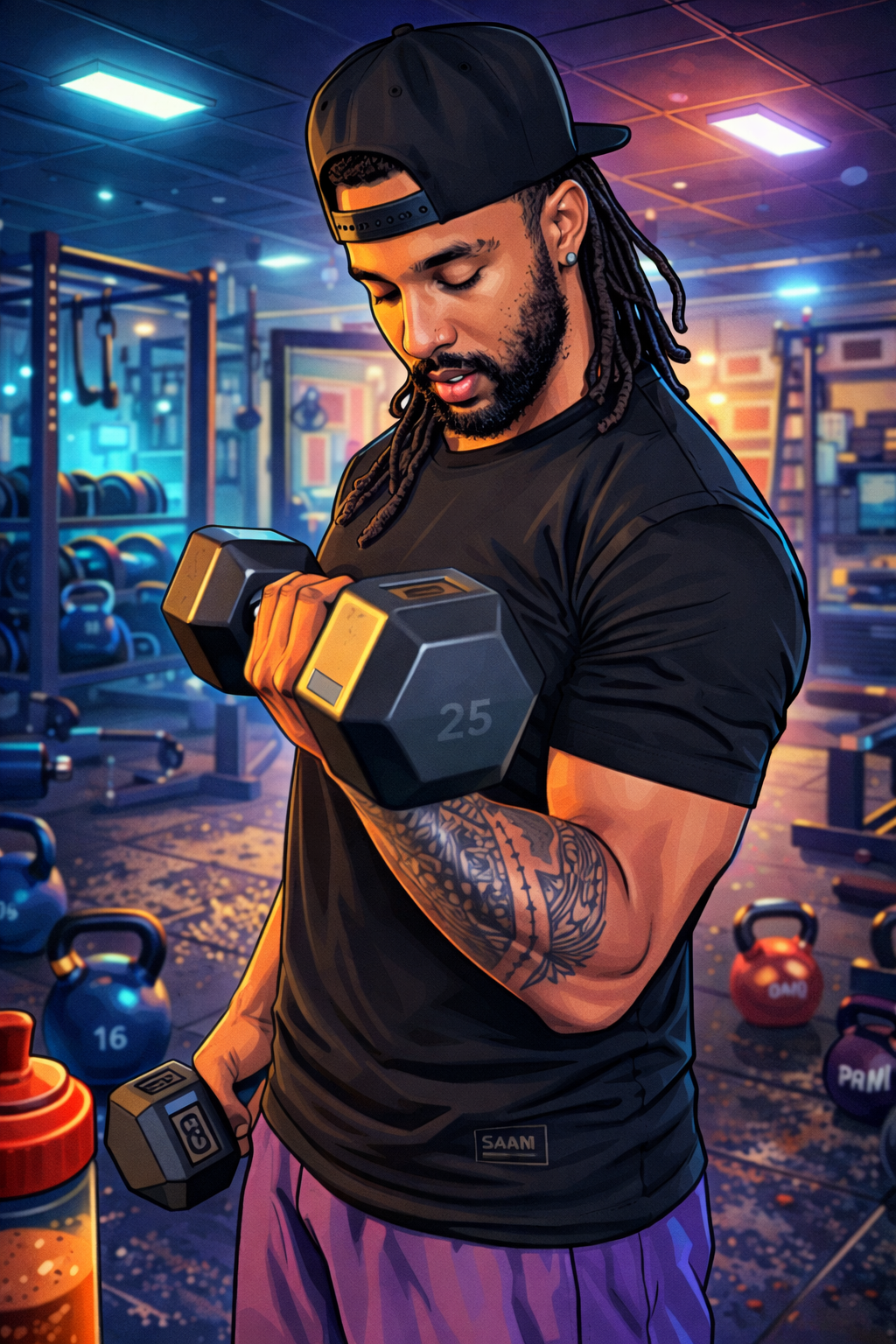 A man with dreadlocks, a beard, and earrings, wearing a black cap backward and a black t-shirt, is lifting a dumbbell in a gym. The gym has various weights, kettlebells, and workout equipment in the background with colorful lighting.