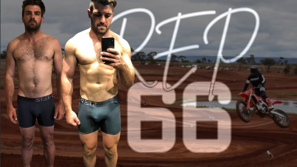 Chris Bornyan. Before and after image over a background of him on is honda CRF riding on a dirtbike track. Over the REP66 logo. He achieved a leaner physique in a short 8 week focused plan.