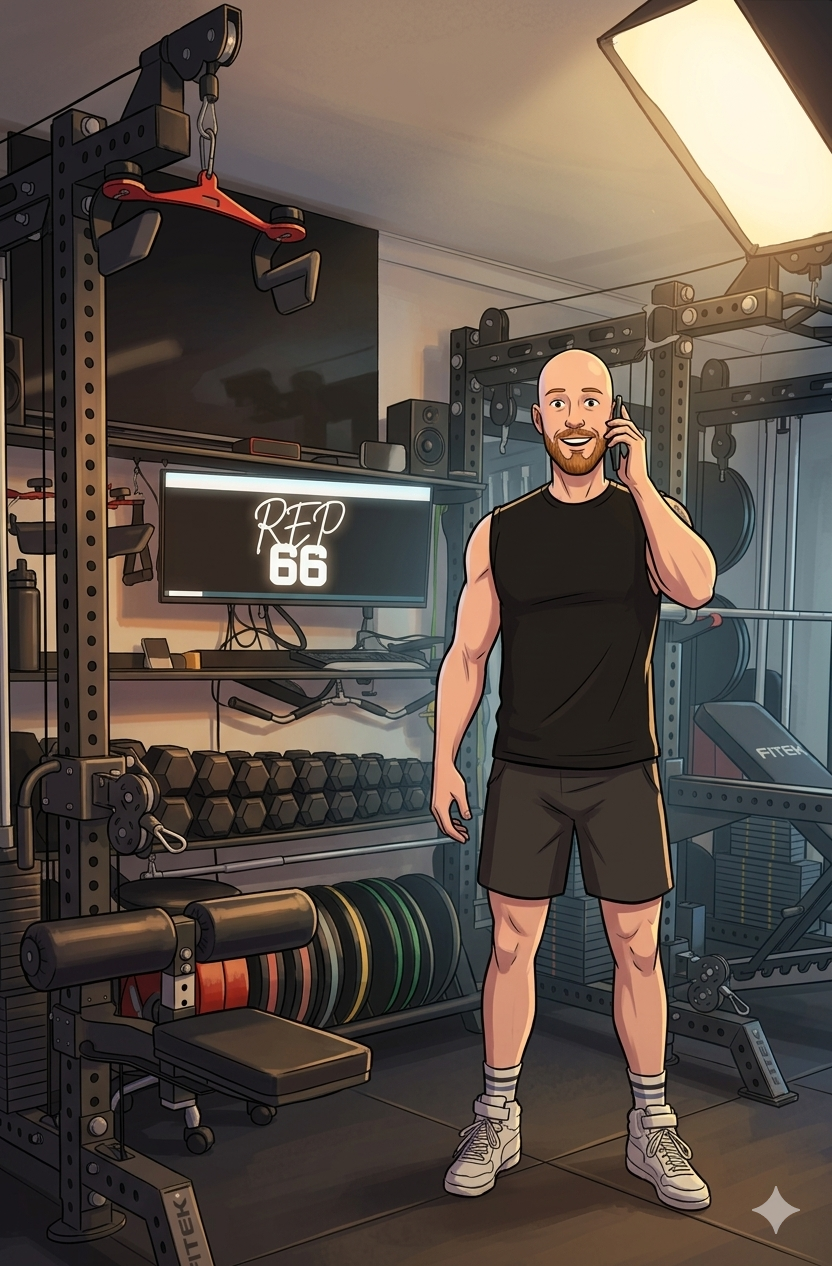 A cartoon illustration of Brendan Burchall, Personal Trainer of REP66 Pakenham. Holding his phone up with a friendly smile.
