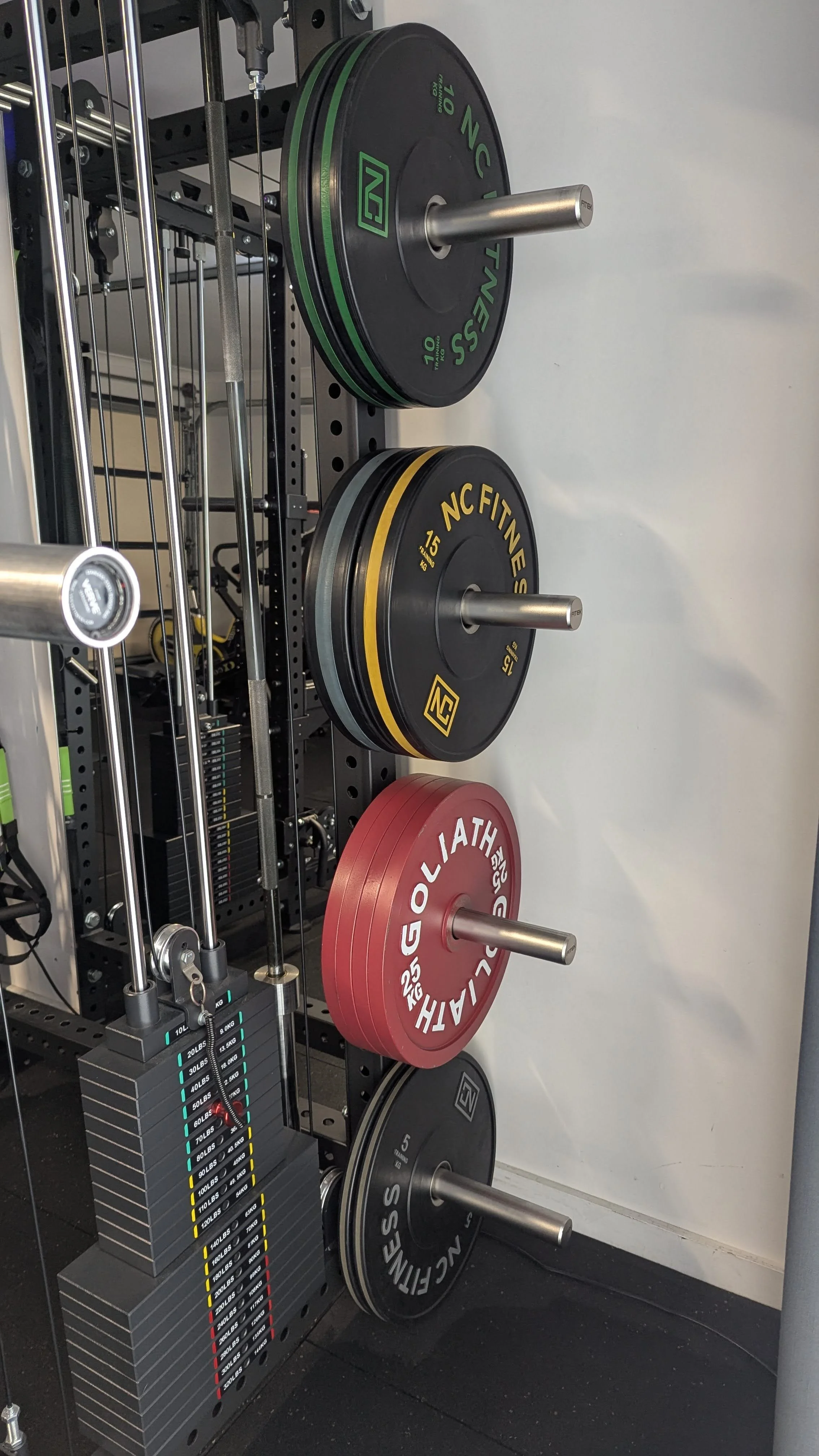 NC Fitness, GOLIATH powerlifting weights for high performance strength training. Stored on FITEK gym storage pins. A well thought out design for a garage gym.