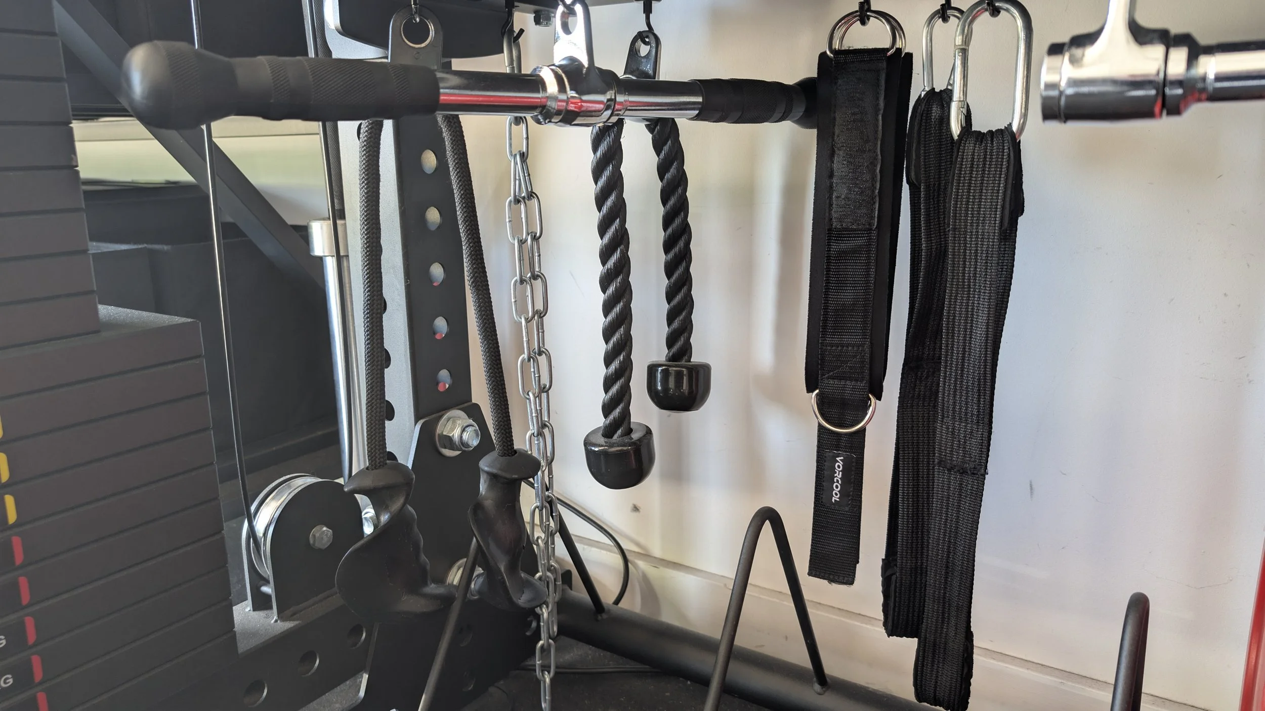 Rope attachments, ankle attachements. All for cable tricep, glute med, glute max, growth for a big peach. And a snatched waiste.