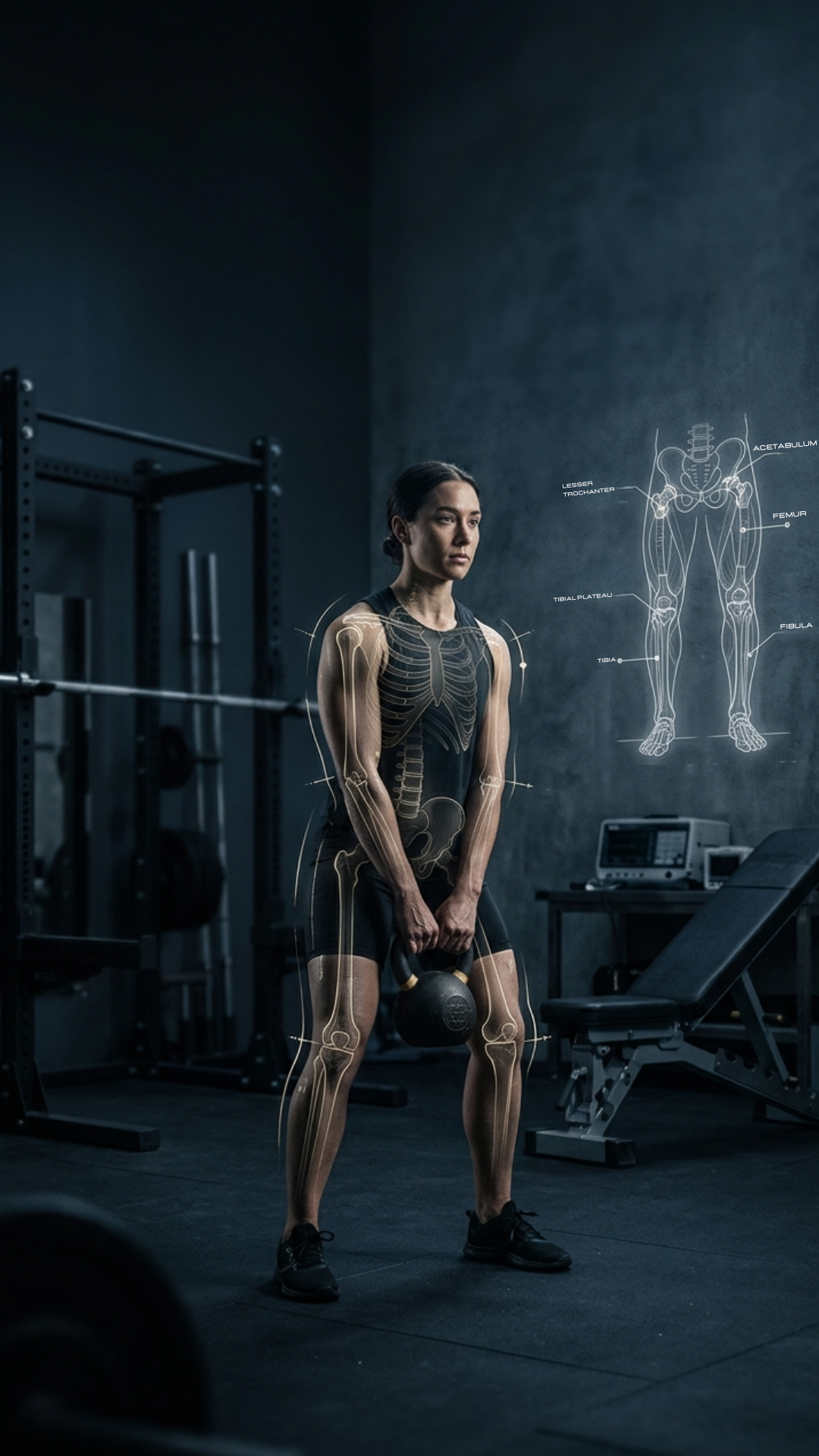 An AI generated illistration of a woman doing a kettle bell swing with a schematic of the human body next to her with labels of the bones, boney landmarks and joints. It's been amended by a human to make the labels correct.