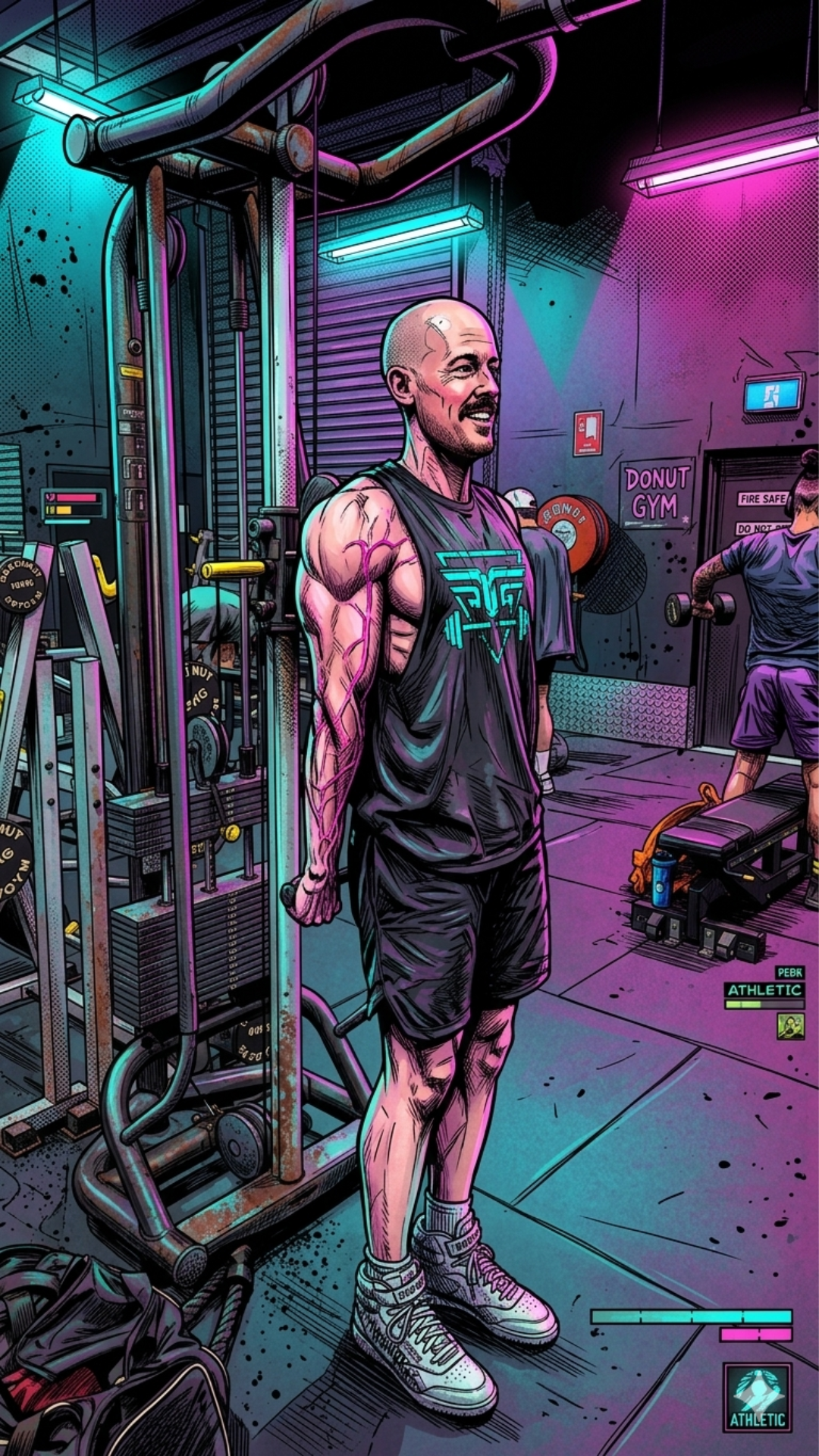 Brendan Burchall Doing A tricep Extension on a cable machine behind his body. It's a stylised image to look like GTA V FITNESS